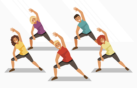 Group of people is engaged in aerobics in the gym. Fitness and weight loss. Healthy lifestyle. Vector illustration